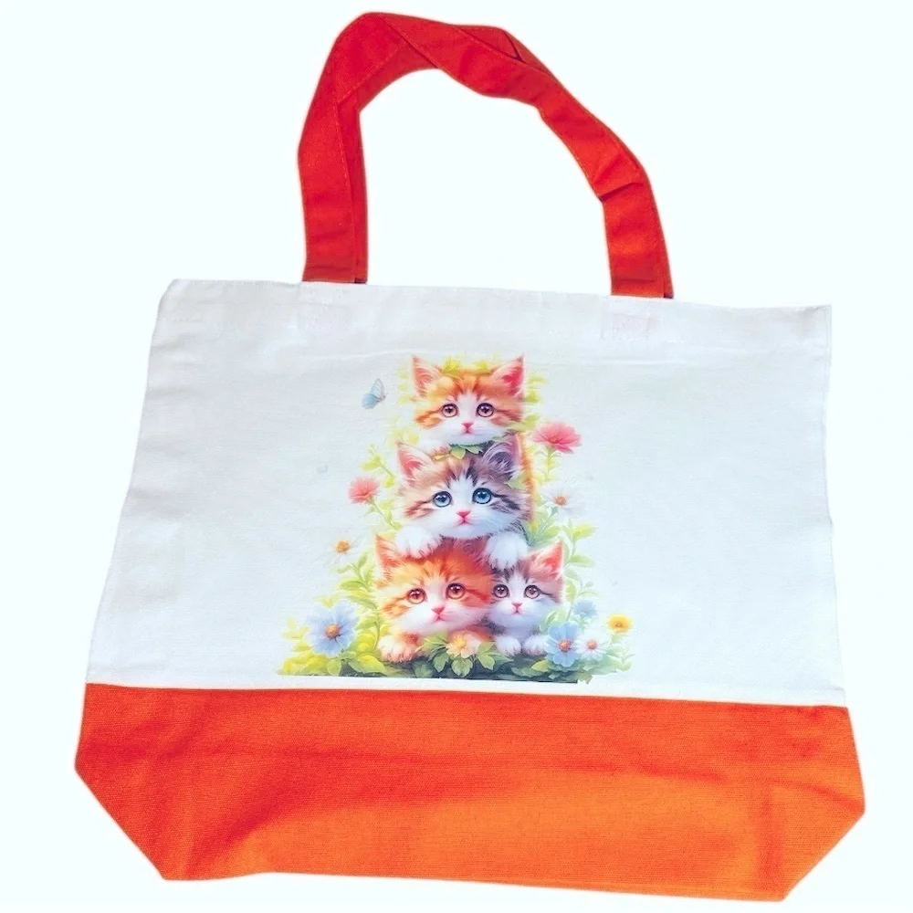 Large Canvas Tote Bag with Stack of Kittens Art | Hand Pressed | 17”x14” | New